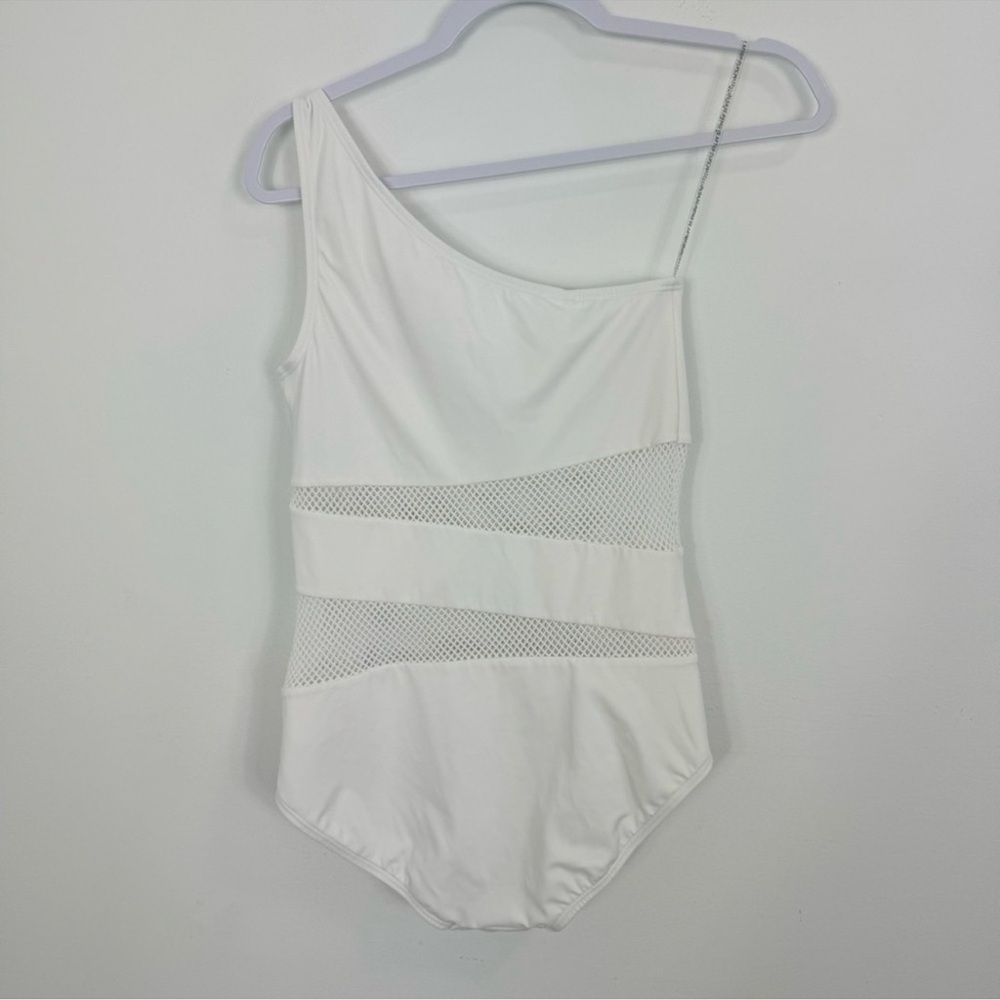 Carmen Marc Valvo White One-Shoulder Mesh Panel One-Piece Swimsuit Size 10 - Picture 3 of 8